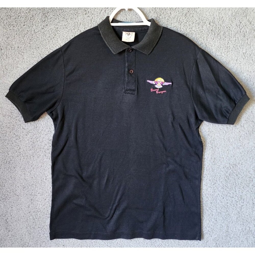 VTG Grand Canyon Black Embroidered Eagle Logo Single Stitch Polo Shirt Size‎ XL